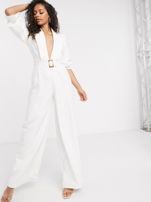 Aria Cove Plunge Front Belted Tailored Jumpsuit In White