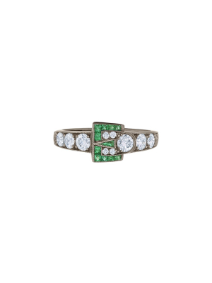 Vintage Diamond & Emerald Buckle Ring - White Gold