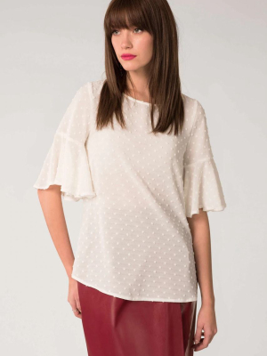 White Frill Elbow Sleeve Crew Top