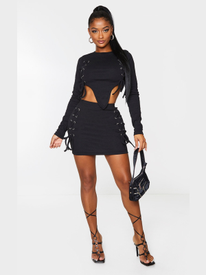 Shape Black Rib Lace Up Detail Bodycon Skirt