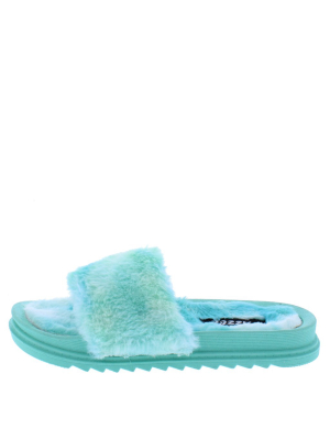 Jupiter05 Mint Faux Fur Open Toe Flat Slide Sandal