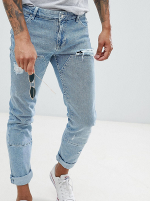 Asos Design Skinny Jeans In Light Wash Blue Cut And Sew Panelling