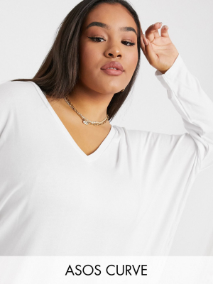 Asos Design Curve Oversized V-neck Batwing Sleeve Top In Drapey Rib In White