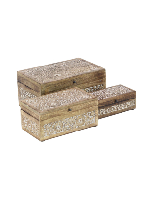 Set Of 3 Mango Wood Carved Floral Boxes - Olivia & May