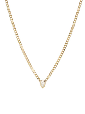 14k Gold Extra Small Curb Chain Necklace With Pear Shape Diamond