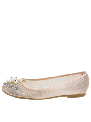 Ella010 Blush Rhinestone Pearl Round Toe Mesh Ballet Flat