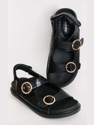 Black Croc Round Buckle Detail Sandals