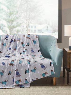 60"x70" Oversized Plush Printed Heated Throw Gray Dogs