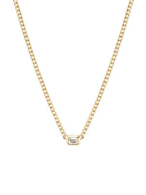 14k Gold Extra Small Curb Chain Necklace With Emerald Cut Diamond