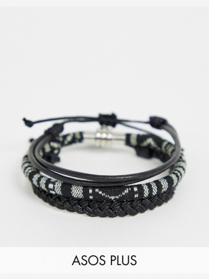 Asos Design Plus Leather And Woven Monochrome Bracelet Pack