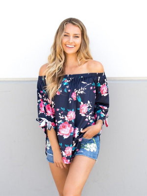 Floral Off Shoulder Top - Navy