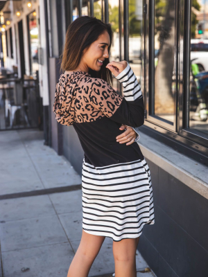 The Evalee Dress - Brown Leopard / White Stripe