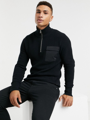 Jack & Jones Premium Quarter Zip Sweater With Nylon Pocket In Black