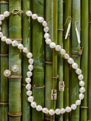 White Pearl & Gold Bamboo Earrings