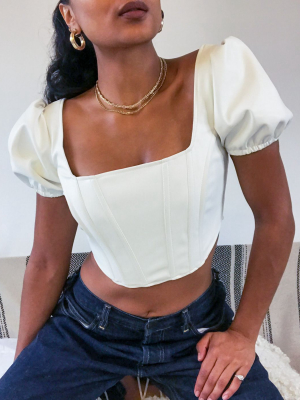 Bershka Corseted Faux Leather Crop Top In White