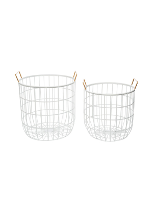 Set Of 2 Modern White Metal Decorative Storage Bins With Brass Handles - Foreside Home & Garden