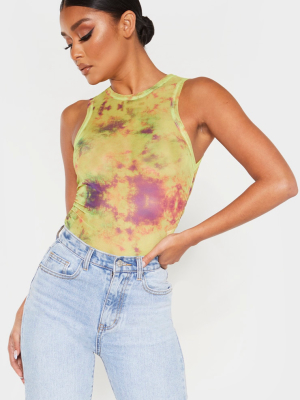 Multi Tie Dye Printed Sheer Mesh Ruched Racer...