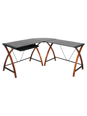 L Shaped Modern Glass And Wood Desk Black - Onespace