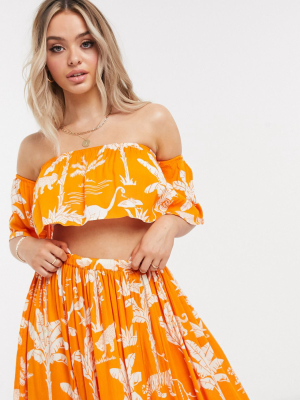 Asos Design Frill Beach Crop Top Set In Contrast Jungle Tropic Print