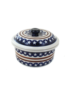 Blue Rose Polish Pottery Stars & Stripes Round Baker With Lid