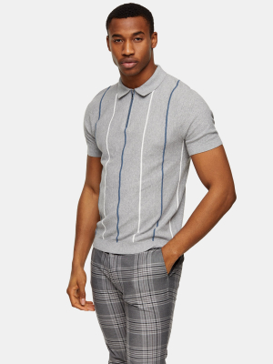 Grey Marl Stripe Zip Knitted Polo