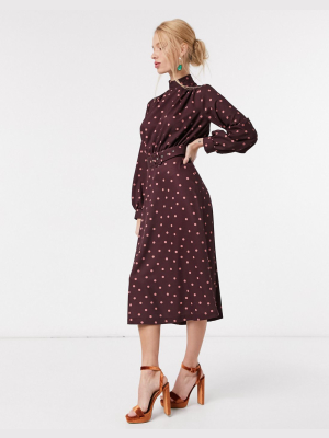 Closet London High Neck Belted Midi Dress In Burgundy With Blush Dot Print