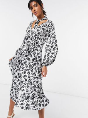 Asos Design Tie Neck Button Through Maxi Tea Dress In Mono Floral