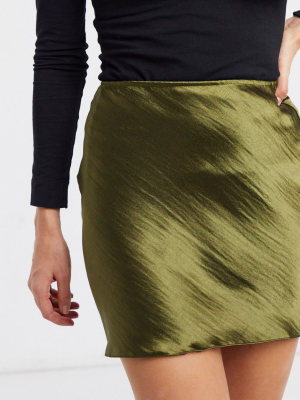 Asos Design Mini High Shine Satin Slip Skirt In Khaki