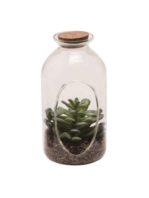 Transpac Glass 6 In. Green Spring Cork Top Faux Succulent Bottle Display