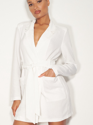 White Linen Long Sleeve Tie Waist Blazer Dress