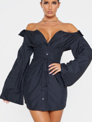 Black Bardot Flare Sleeve Lace Up Shirt Dress