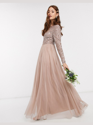 Maya Bridesmaid Long Sleeve V Back Maxi Tulle Dress With Tonal Delicate Sequin In Taupe Blush