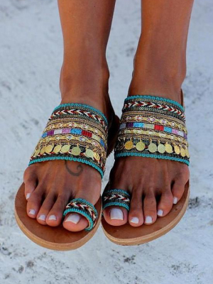 Tassel Toe Ring Boho Woven Flat Slide Sandals