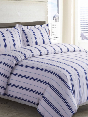 Stripe 3pc Cotton Flannel Printed Oversized Duvet Set - Tribeca Living