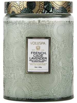 Large Embossed Glass Jar Candle In French Cade Lavender