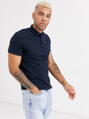 Asos Design Organic Pique Polo In Navy