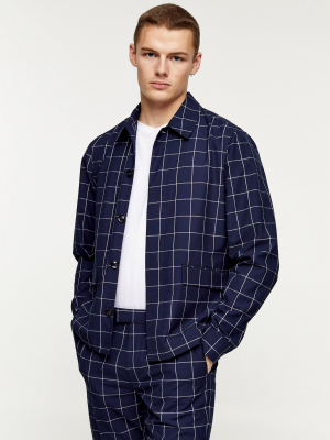 Navy Windowpane Check Harrington Jacket