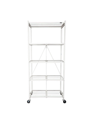 Origami Large Wheeled 5-shelf Folding Steel Wire Shelving, White (21"x36"x78")