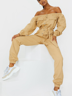 Sand Bardot Button Through Denim Jogger Jumpsuit