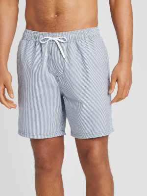 Men's 7" Striped Seersucker Elastic Waist Swim Trunks - Goodfellow & Co™ Light Blue