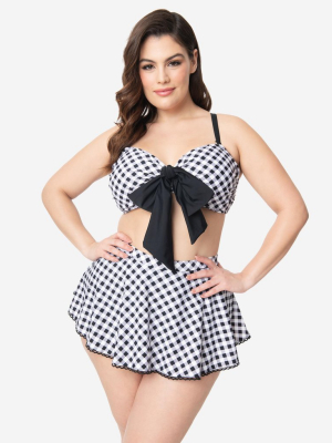 Unique Vintage Plus Size Black & White Gingham Bow Rialto Bikini Top