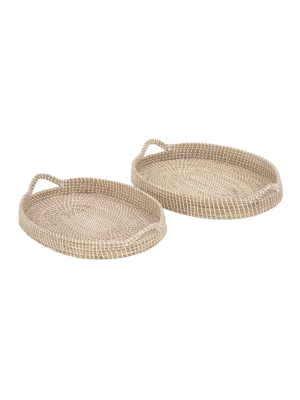 Set Of 2 Oval Natural Seagrass Trays With Handles White/brown - Olivia & May