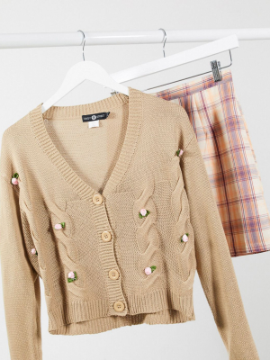 Daisy Street Oversized Cardigan With Bow Applique In Cable Knit