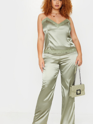 Plus Olive Satin Wide Leg Pants