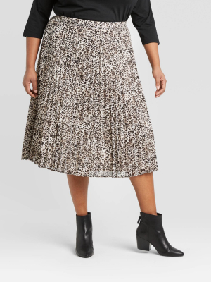 Women's Plus Size Leopard Print Pleated Midi Skirt - A New Day™ Black/white