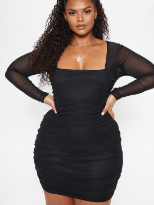 Plus Black Mesh Square Neck Ruched Bodycon Dress