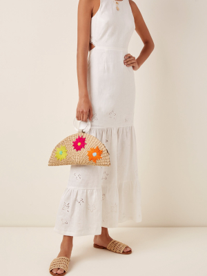 Croissant Floral-embroidered Straw Bag