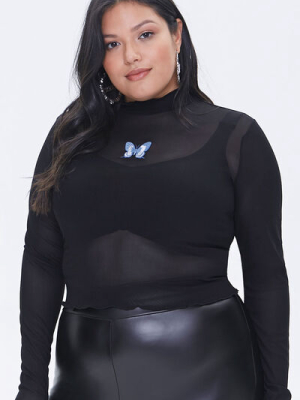 Plus Size Mesh Butterfly Patch Top