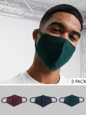 Asos Design 3 Pack Organic Cotton Face Covering In Burgundy Navy And Khaki Jersey