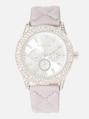 Crystal Bezel Quilted Faux Leather Strap Watch